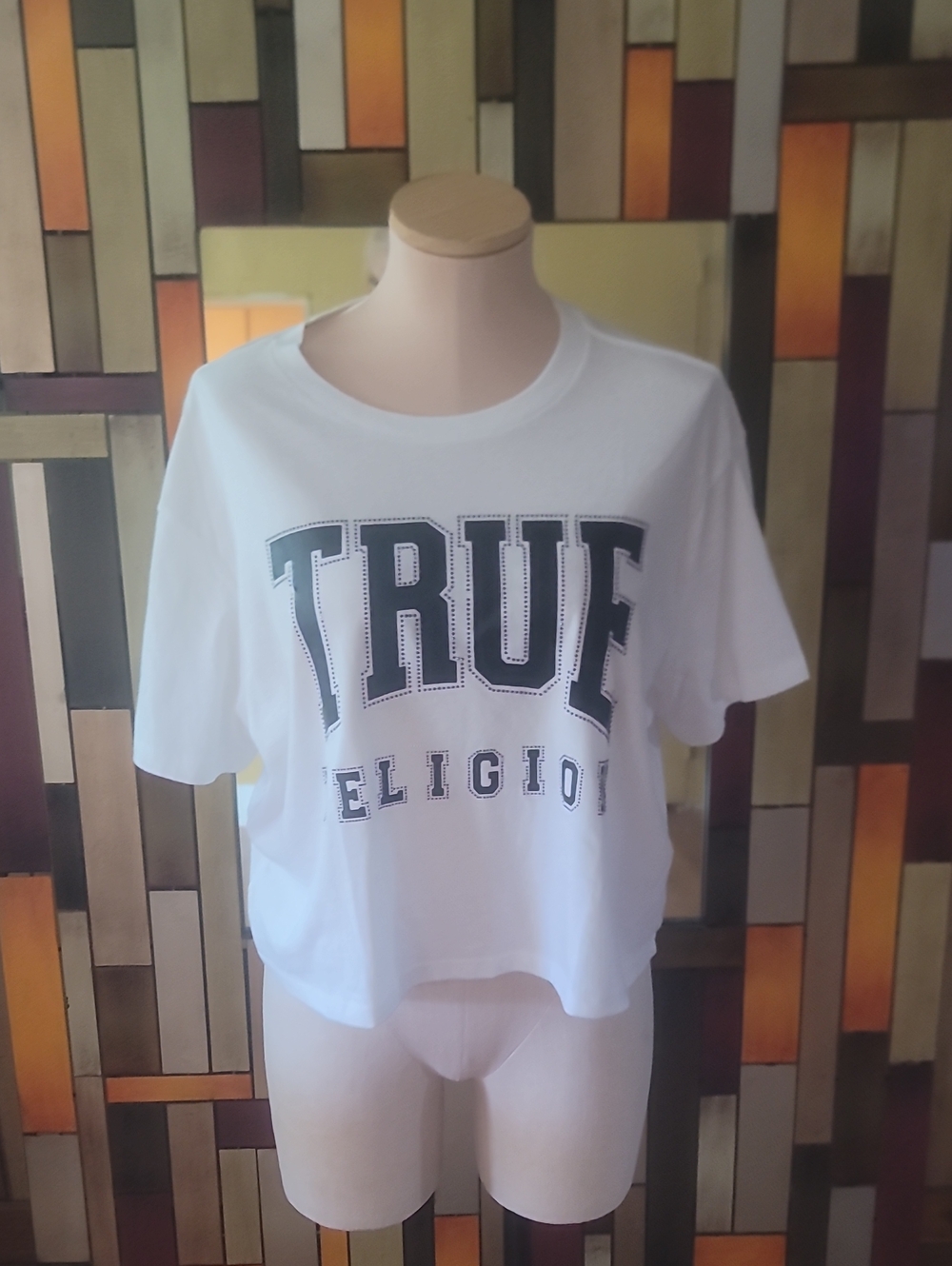 True Religion White Cropped Logo Tee with Black Lettering